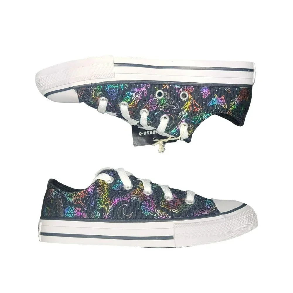 🤩New Girl’s Sz 1 Converse All Star Low Chuck Shoes Black Iridescent Butterflies